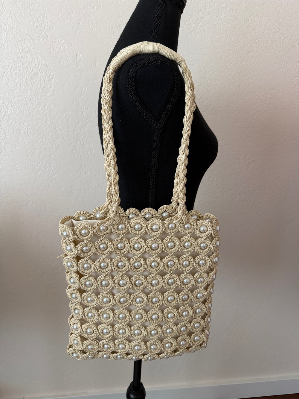 NWOT HAUTE HIPPIE Pearl-Embellished Crochet Tote Bag - Cream